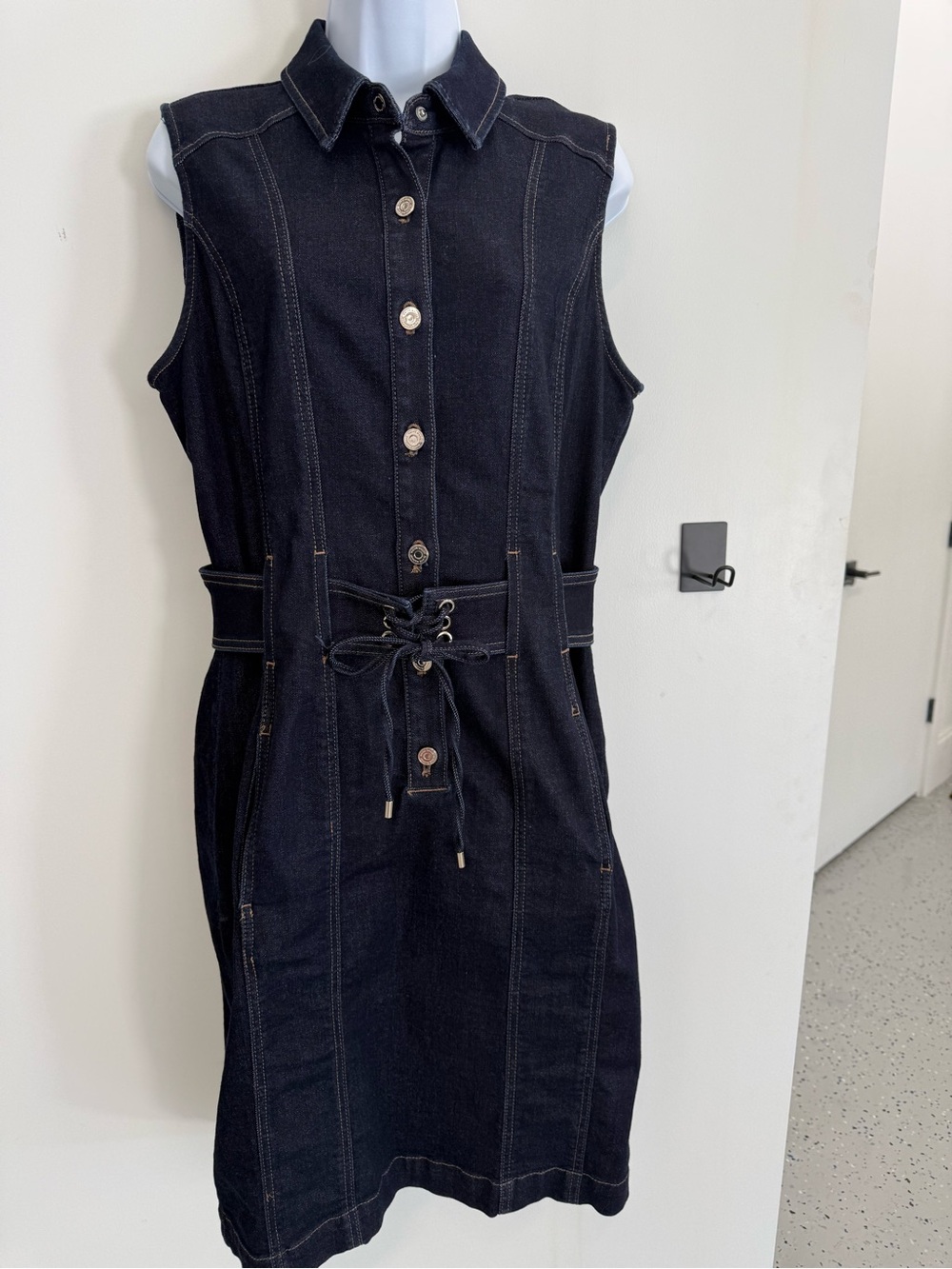 White House Black Market Navy and Gold Stitch Denim dress